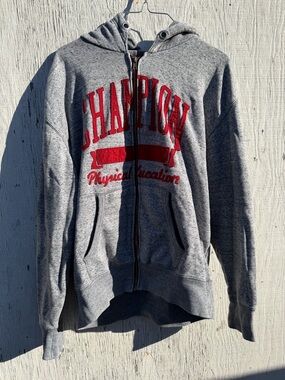 Champion Gray Zip-Up Sweatshirt with Red Lettering